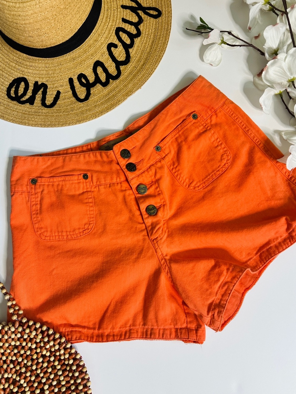Mudd Y2K 90s Bright Orange Button Fly Denim Shorts Vintage Size 9